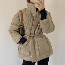 韩版chic冬季百搭高领菱形格加棉保暖大口袋系带收腰棉服短外套女