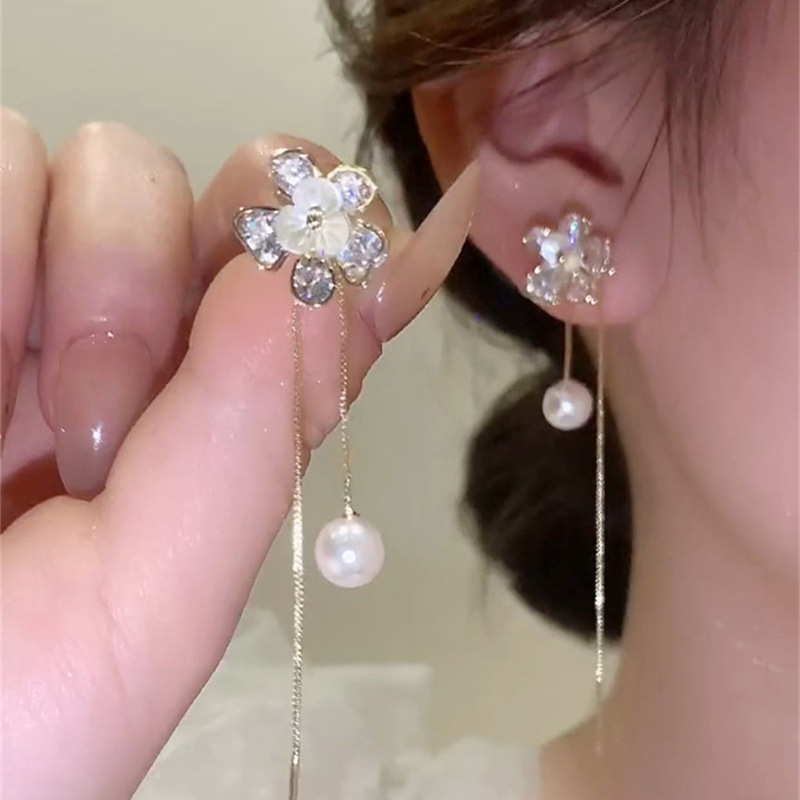 超仙镶钻花朵流苏耳环小众设计一款多戴耳坠气质百搭轻奢长款耳线