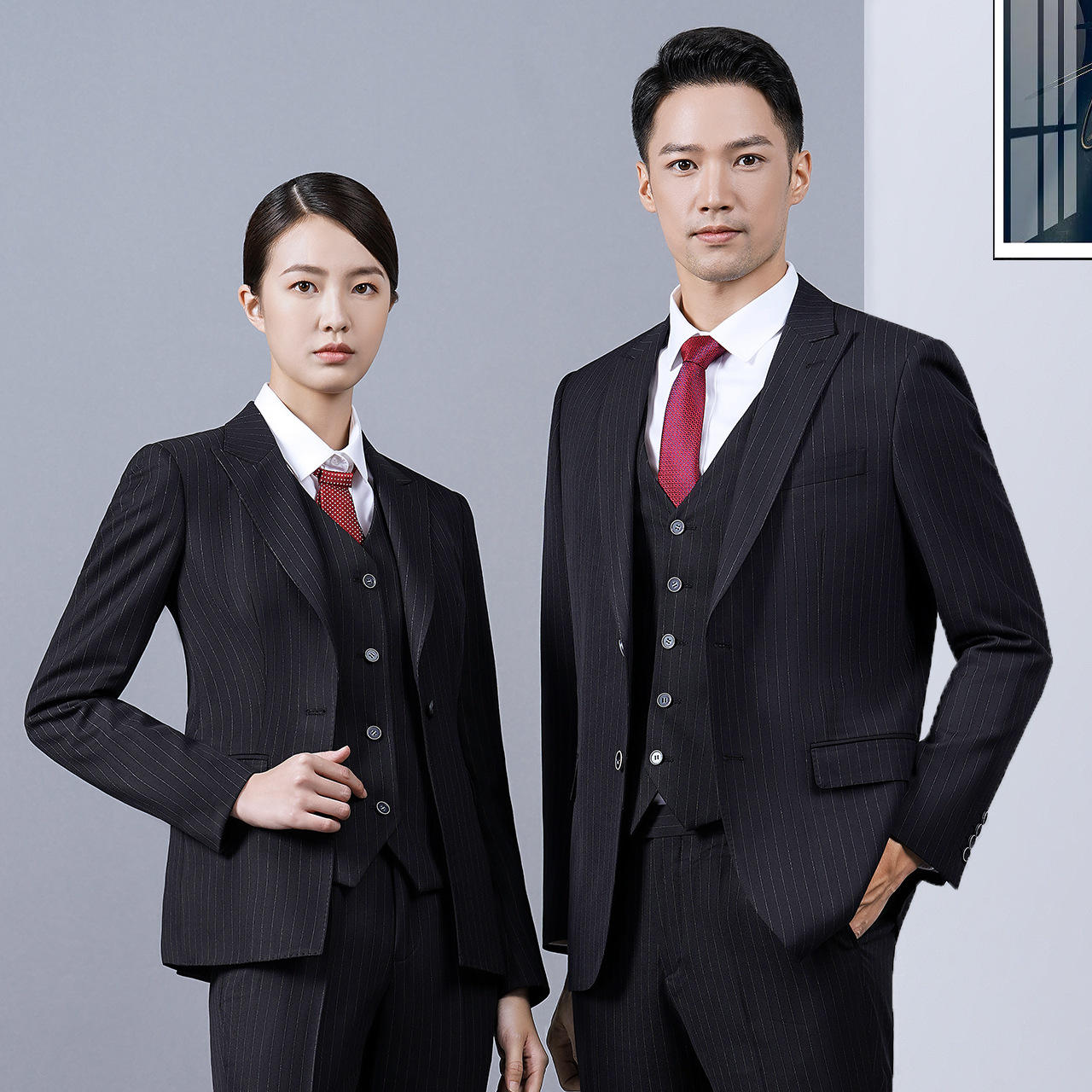 黑色条纹仿毛男士西装男伴郎服西装套装男结婚西服职业装男女外套