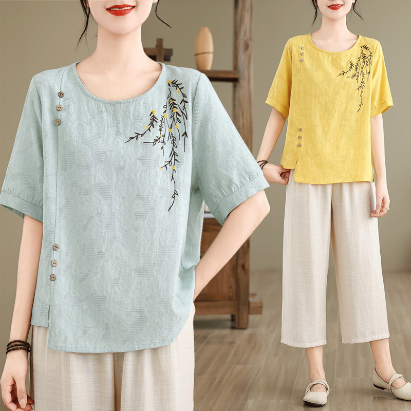 2024 Summer New Fashion Outfit Short-Sleeved T-shirt Cotton and Linen Top Embroidered Versatile Small Shirt Nine Pants Women's Suit