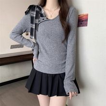 纯欲气质蝴蝶结绑带设计感长袖T恤修身显瘦辣妹露肩上衣女打底衫