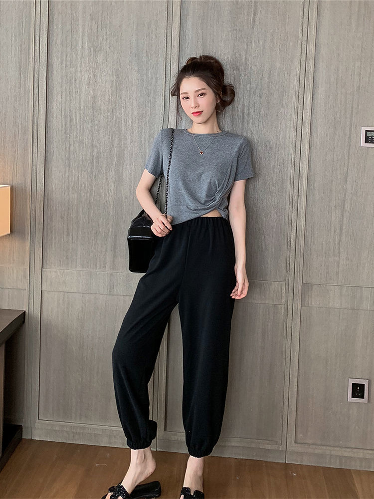 棉质薄款束脚灯笼裤女 夏季新款韩版高腰宽松学生休闲裤一件代发