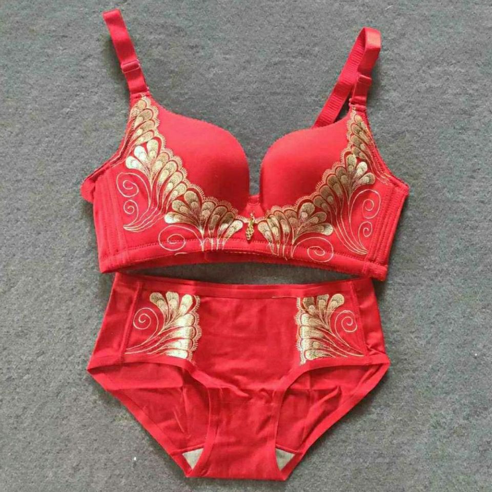 厚杯绣金边文胸套装聚拢显大胸罩喜庆本命年大红色内衣女结婚胸罩