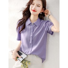 衬衫女短袖2023夏季新款紫色polo领衬衣女装韩版宽松小清新上衣