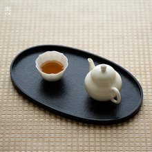 出口日本贴布漆器茶盘椭圆黑色餐盘茶道家用茶具大漆托盘木盘木质