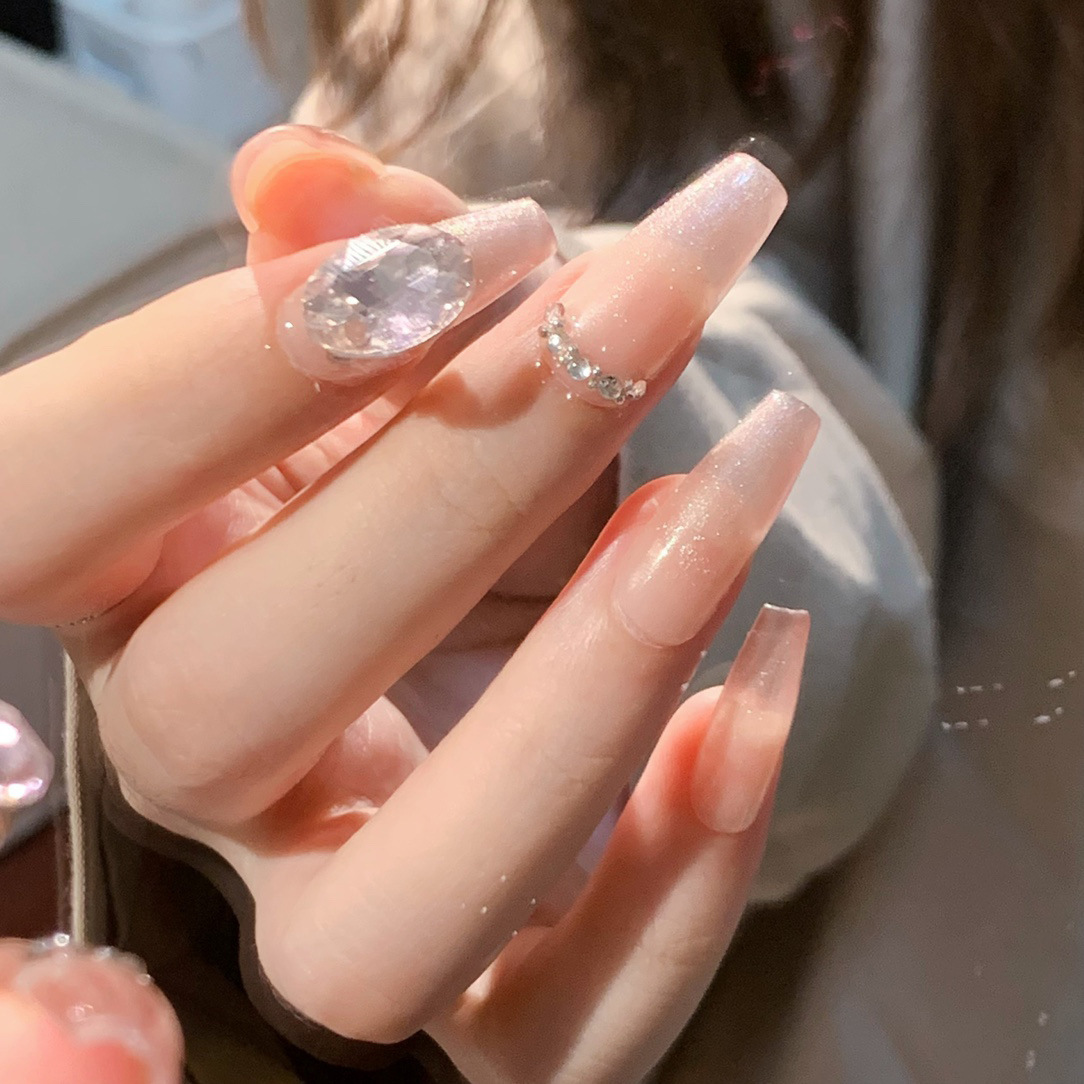 Handmade Cat's Eye Mid-Length Stick-on Crystals High-Grade French Finished Wear Armor Removable Bride Nail Pure Desire Fake Nails