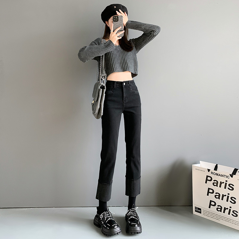 High Waist Straight Jeans for Women 2023 Spring and Autumn New Design Sense Contrast Color Flanging Loose Slim-Fit Cigarette Pants