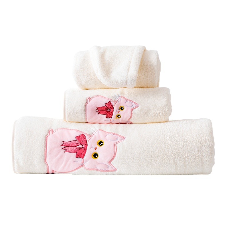 Coral Fleece Towel Cartoon Cat Print Bath Towel Hair Drying Cap Towel Three-Piece Coral Fleece Absorbent Soft Towel Set