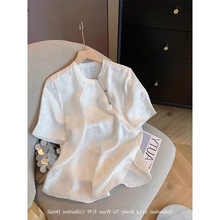 新中式白色斜襟盘扣醋酸提花短袖衬衫2024女夏季国风气质薄款小衫