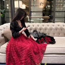 法式浪漫公主红色蛋糕高腰松紧腰网纱蓬蓬半身裙上衣两件套春新款