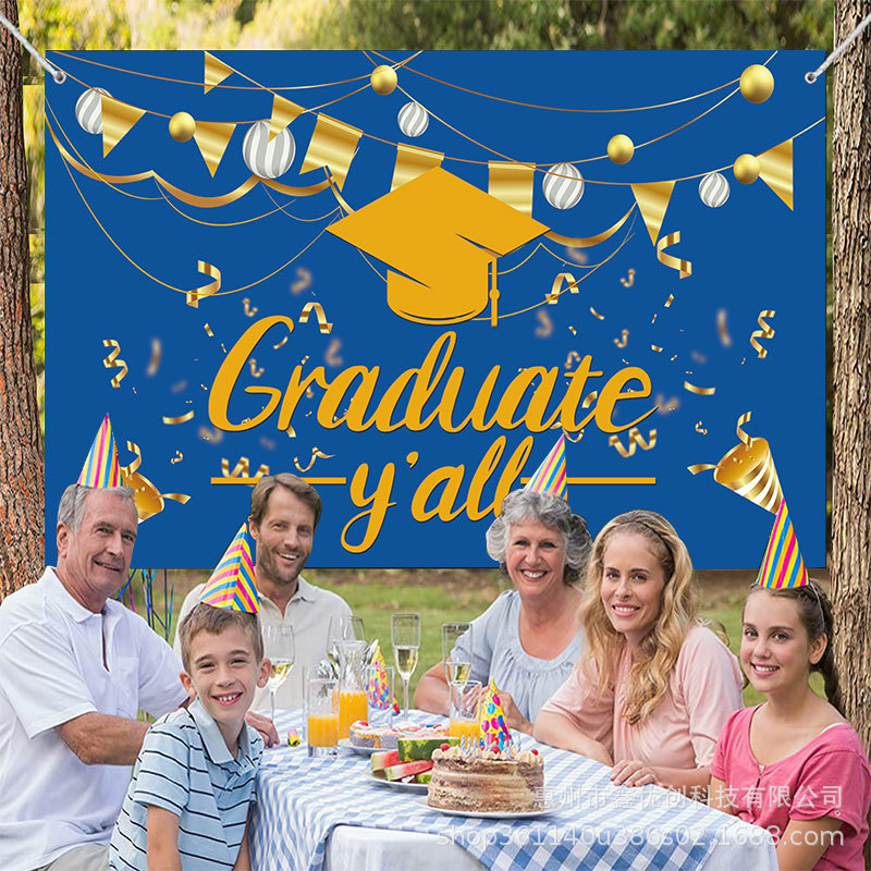 新款外贸英文蓝色毕业典礼英文字母博士帽派对装饰挂旗横幅背景