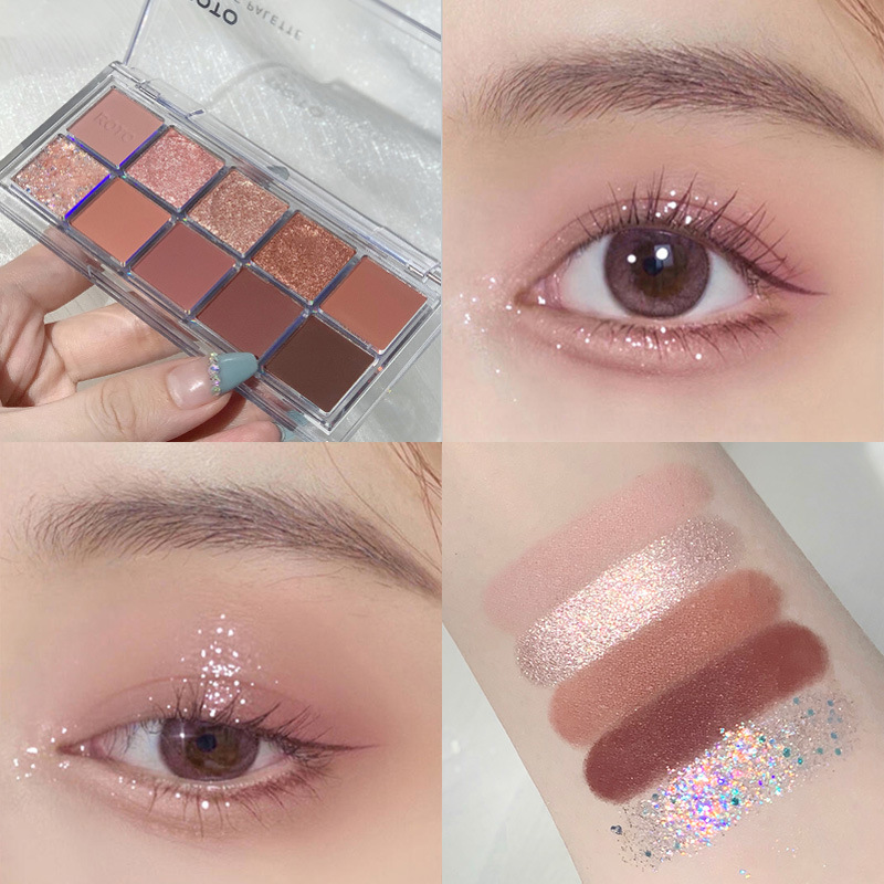 Roto Ten Color Eyeshadow Palette Earth Color Shimmer Matte Glitter 10 Color Eye Shadow Ins Makeup Tik Tok Live Stream Same Style