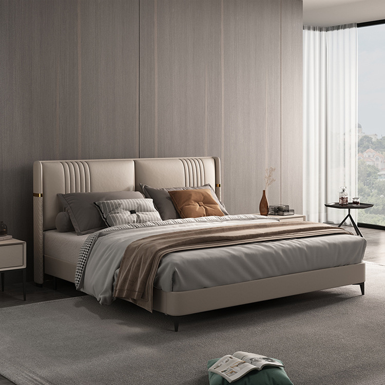 意式极简轻奢皮床头层牛皮主卧婚床1.8米1.5m现代简约软床双人床