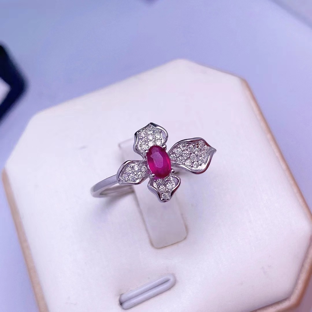 天然新烧红宝石戒指s925纯银镶嵌活口设计新烧红宝石女款戒指批发