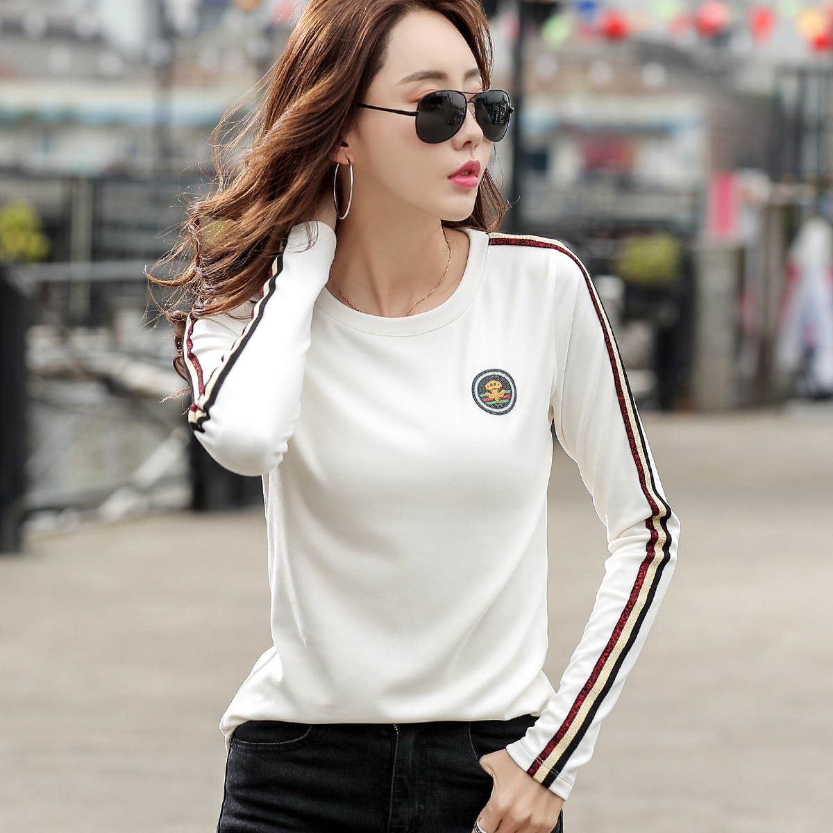 韩货2022秋新款女士t恤长袖t恤女打底衫大码女装白色衣服女5015