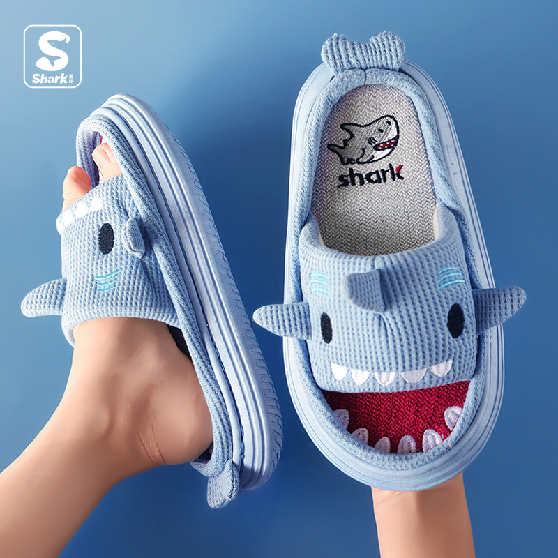 Four Seasons Linen Slippers for Women Interior Home Non-Slip Anti-Sweat Spring and Autumn Diablement Fort Cute Little Shark Sandals Summer