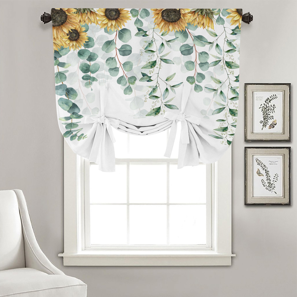 蝴蝶结系带成品小窗帘花卉主题半遮光布艺窗帘向日葵印花短帷幔