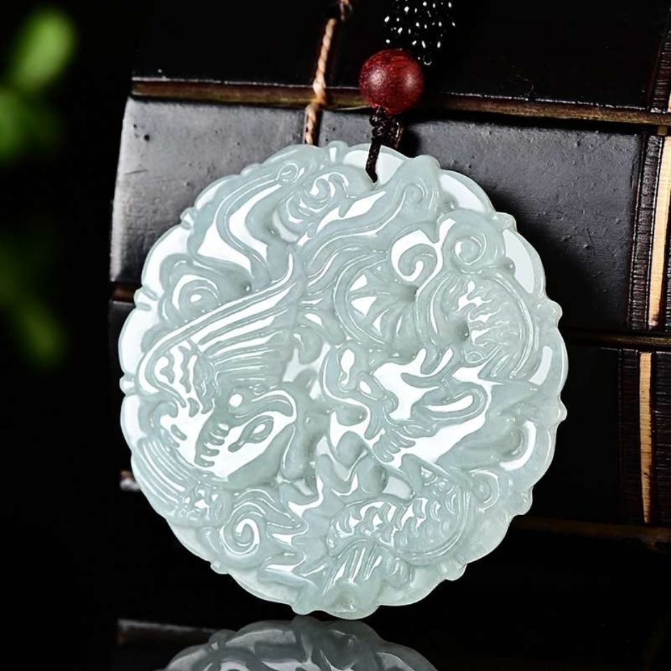 批发翡翠a货龙凤呈祥吊坠圆形玉佩龙凤牌冰糯种男女款送证书带绳