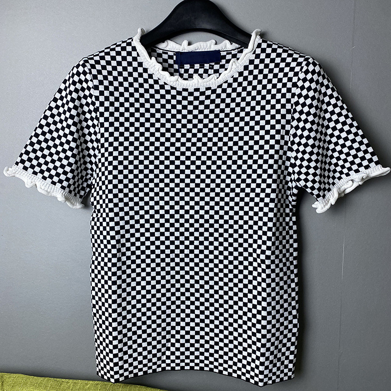 复古气质拼色棋盘格短袖针织衫女2022春夏新款木耳边拼接格子t恤