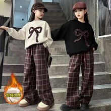 女童韩版套装中大童秋冬新款洋气蝴蝶结上衣时髦休闲格子裤两件套
