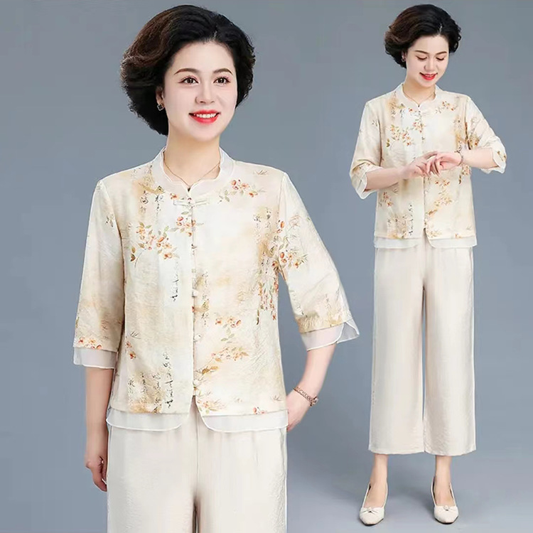 新中式妈妈夏装洋气套装中年女装女款短袖开衫中老年人夏季两件套