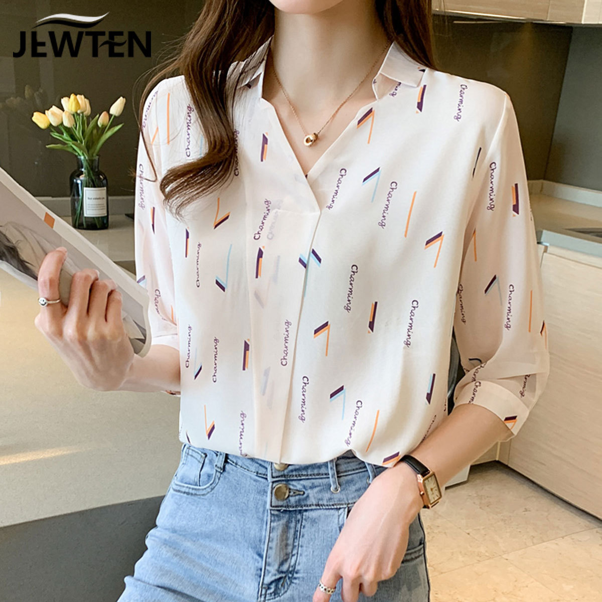 夏季女士雪纺衬衫女装夏装2022年新款短袖上衣时尚七分袖碎花衬衣