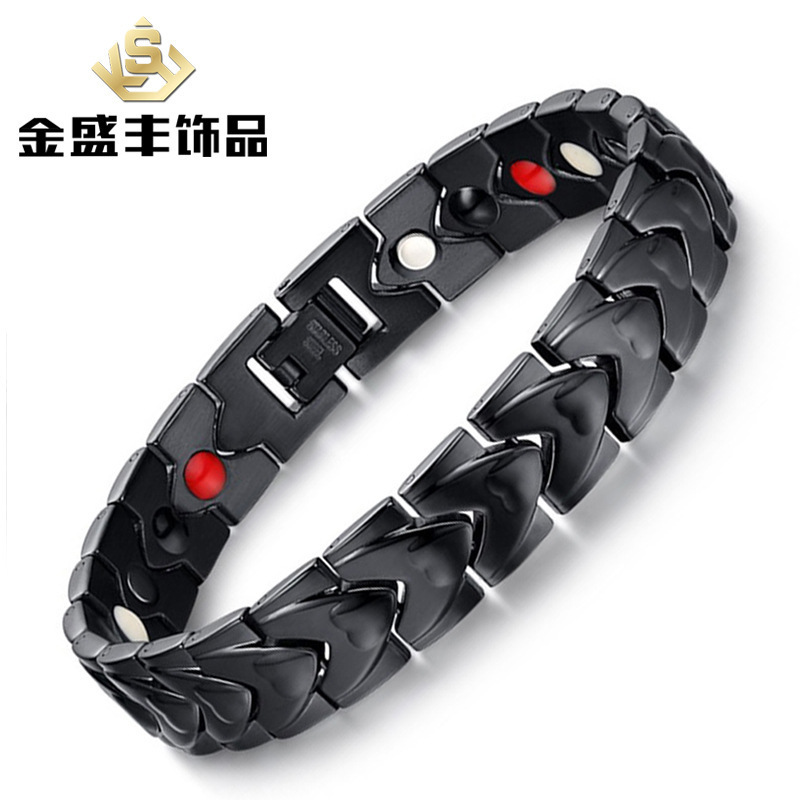 新款上市 韩版饰品 心形电镀黑色磁石锗石钛钢男士手链sbrm-005