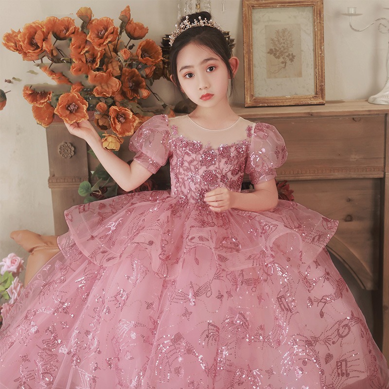 女大童钢琴演出服小女孩走秀礼服主持人蓬蓬裙花童晚礼服一件代发