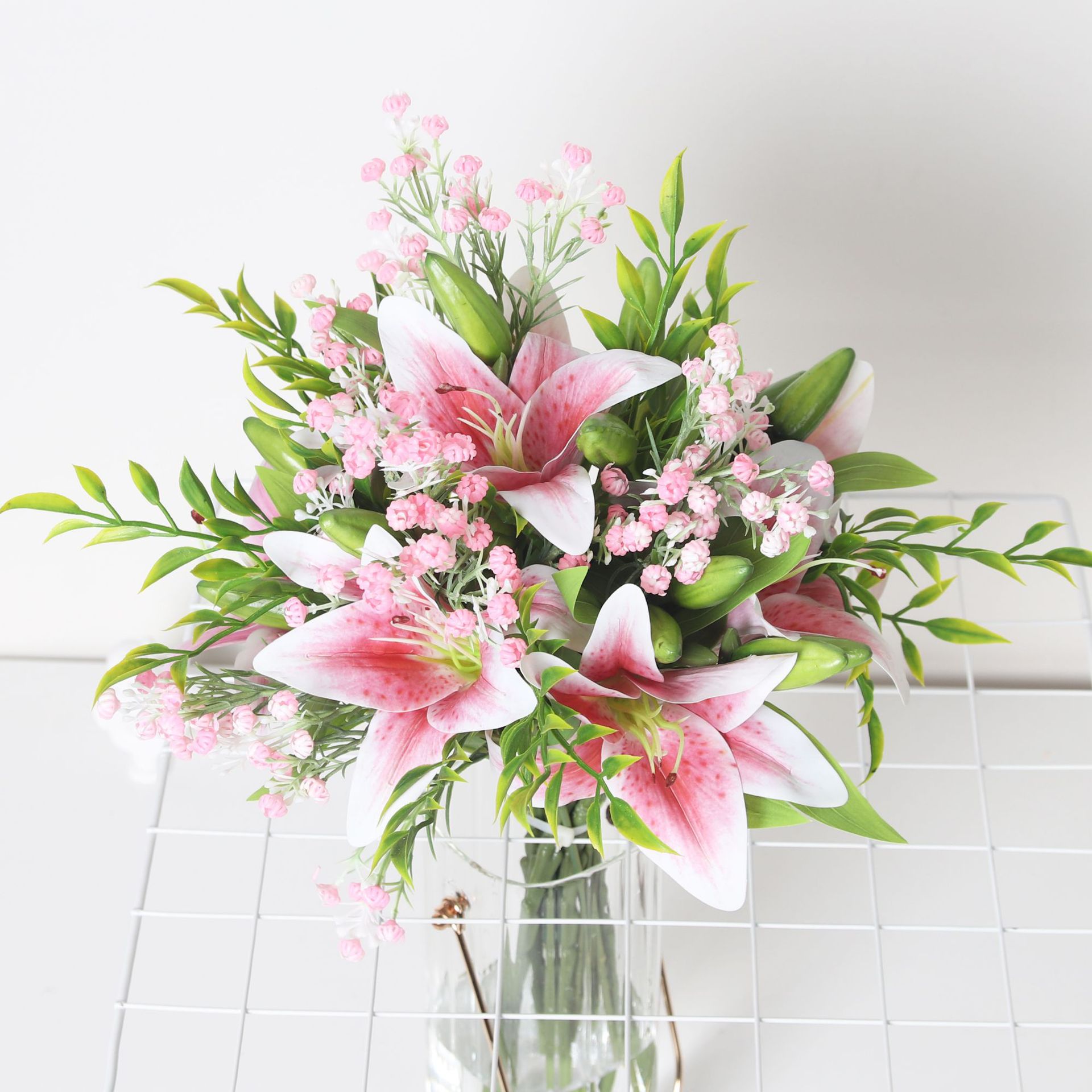 百花邦3d打印软质百合仿真花束新娘手捧假花满天星仿真百合绿植-阿里