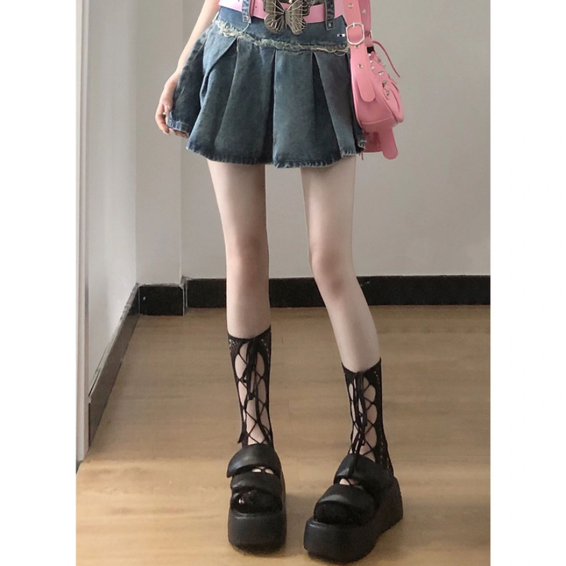 黑色绑带袜子女交叉小腿袜秋季薄款半筒jk丝袜长筒蕾丝辣妹中筒袜