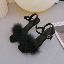 Feather Sandals Women Furry High Heels Ankle Plush Sandals跨