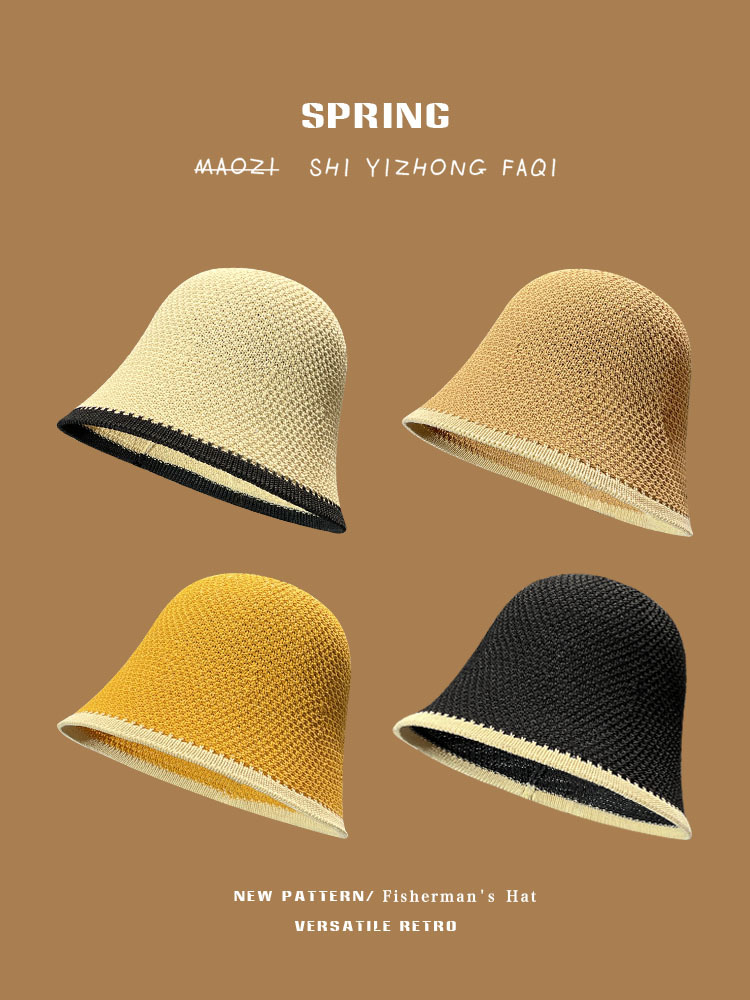 2023 new japanese hollow-out knitted bucket hat for women spring and summer all-match plain face sun-proof face-looking small basin hat tide