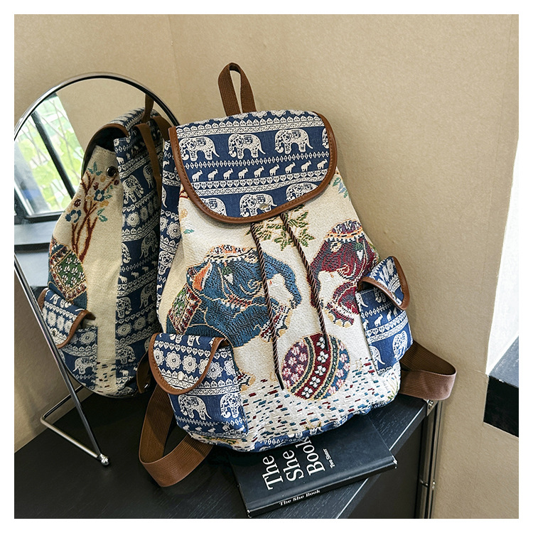 Ethnic Style Rabbit Backpack Leisure Animal Drawstring Bag Retro Women's Large Capacity School Bag Drawstring Bucket Bag