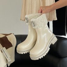 厚绒~暖暖毛毛水钻短靴2022冬季新品马油牛皮厚底米白色韩版时装