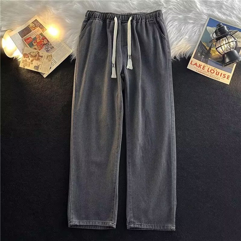 Elastic Waist Denim Trousers Men's Spring and Autumn Wide Leg Mop Pants Autumn and Winter Fashion Brand Loose Straight Dark Blue Long Pants