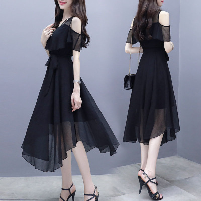 2024 Summer Women's Clothing New Dress Women's Short-Sleeved Irregular Black Slim Midi Dress