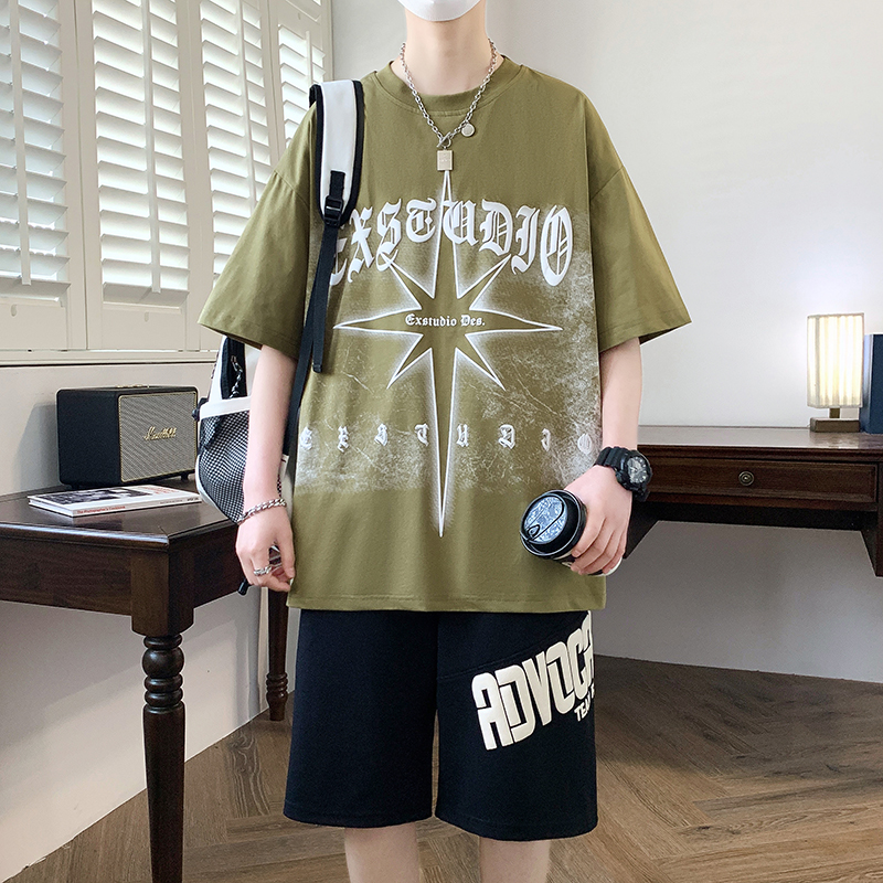 Youth Summer Sports Suit Boys 13-15 Early Middle School Students Short Sleeve T-shirt Trendy Handsome Teen Men's Clothing
