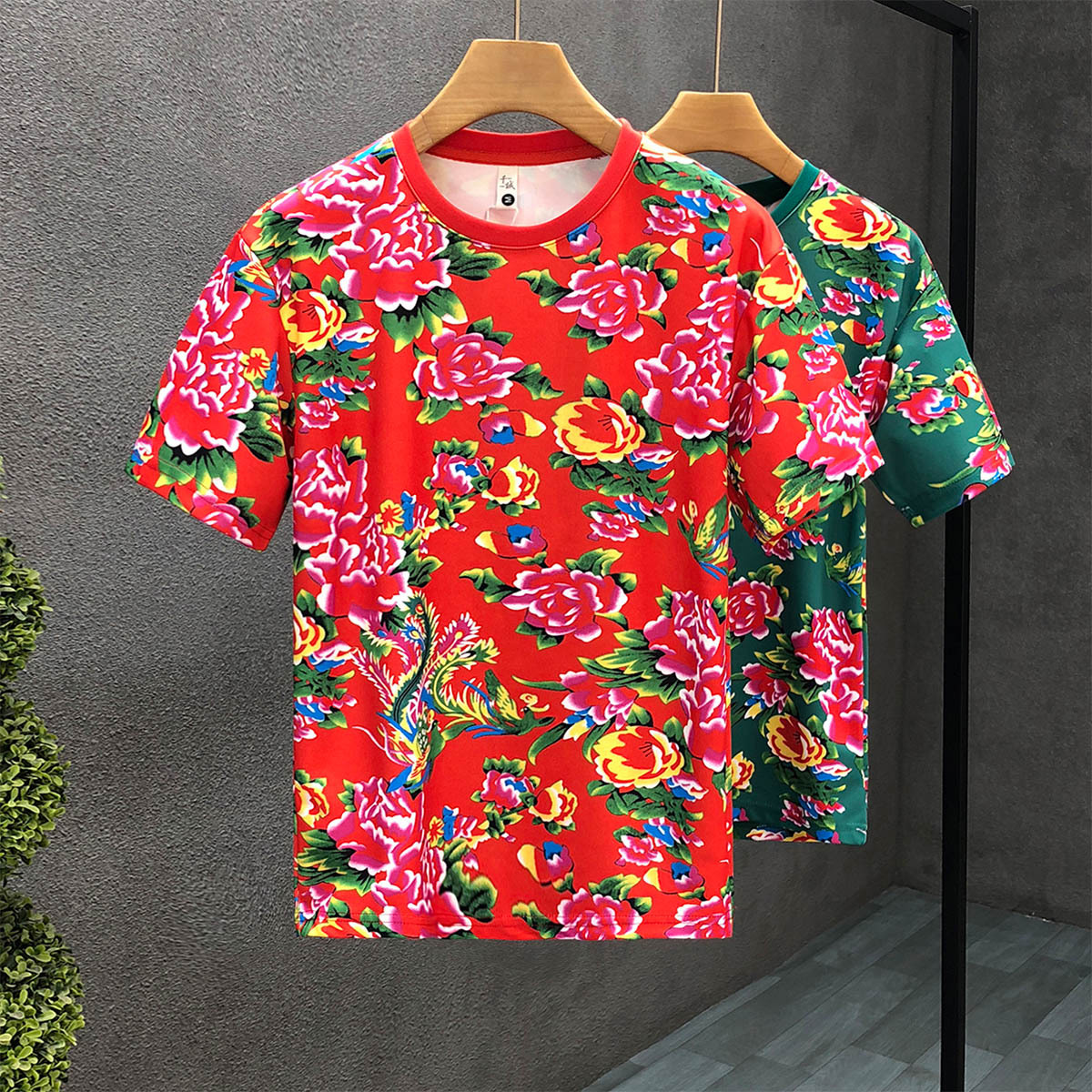 网红痞帅国潮短袖t恤男潮牌半截袖2024夏季新款男士东北大花上衣