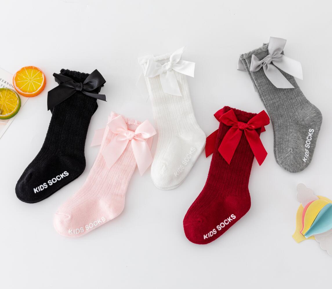 New Boys and Girls Solid Color Striped Stockings Pure Cotton Non-Slip Bubble Mouth Baby Bow Tube Socks Wholesale