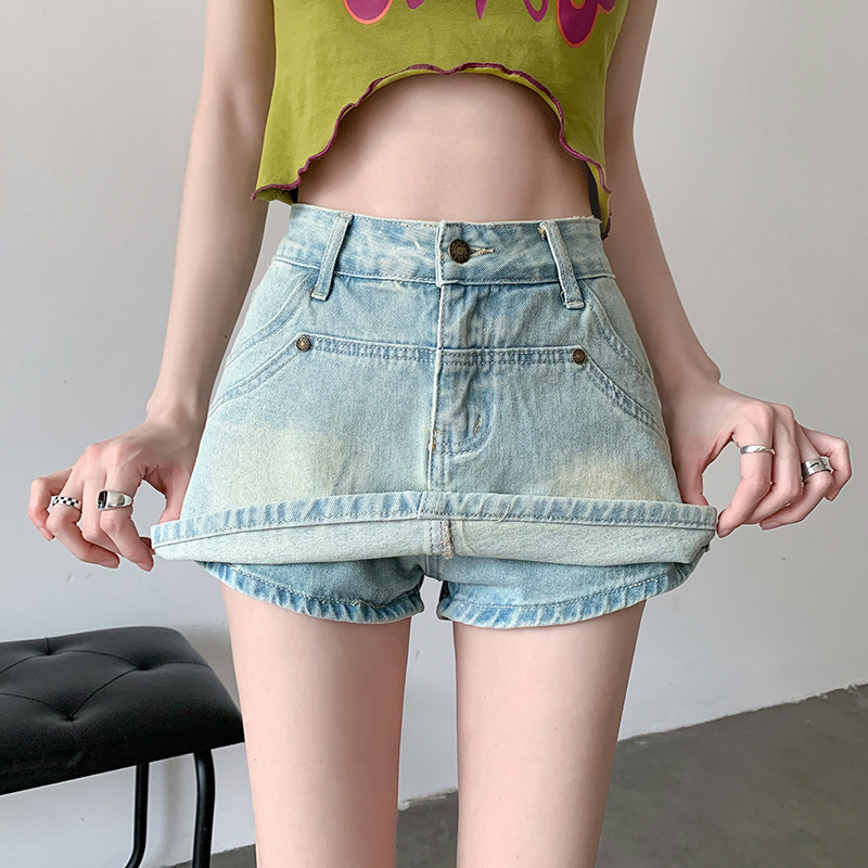 Light Blue Denim Shorts Women's Summer 2023 New High Waist Super Sexy Fashion Slimming Sense of Design Hot Girl Culottes