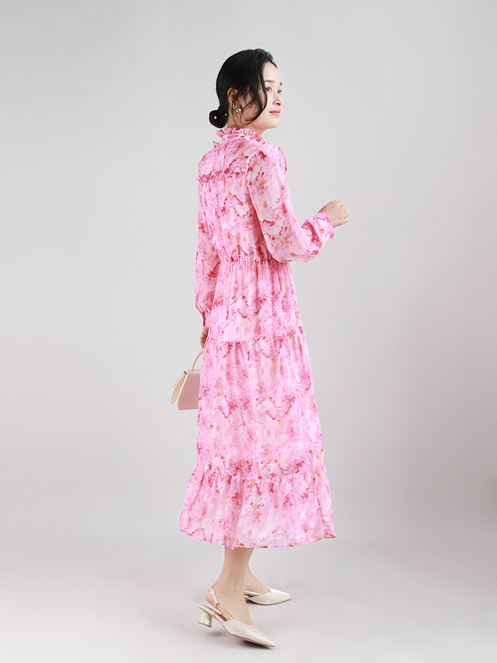 高端连衣裙2022春季度假风蛋糕裙粉色樱花压褶设计大摆长裙沙滩裙