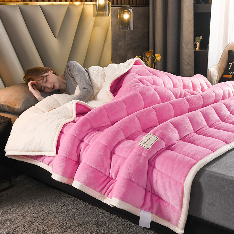 Thickened Winter Thermal Quilted Milk Fiber Lambswool Blanket Thick Coral Fleece Single Three-Layer Blanket Wholesale Delivery