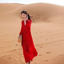 2024夏红色盘花度假收腰连衣裙显瘦三亚海边沙滩沙漠旅行女裙674