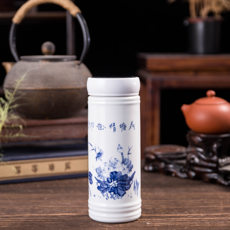 Jingdezhen Double-Layer Ceramic Thermos Cup Liner Portable Blue and White Porcelain Cup with Lid Office Water Cup Gift Cup Wholesale
