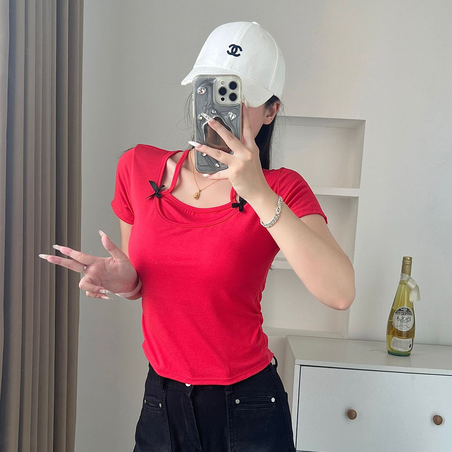 纯欲性感蝴蝶结假两件短袖T恤女方领正肩薄打底衫修身显瘦短款衣