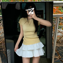 韩系黄色针织正肩短袖t恤女夏季2024新款小个子设计修身内搭上衣