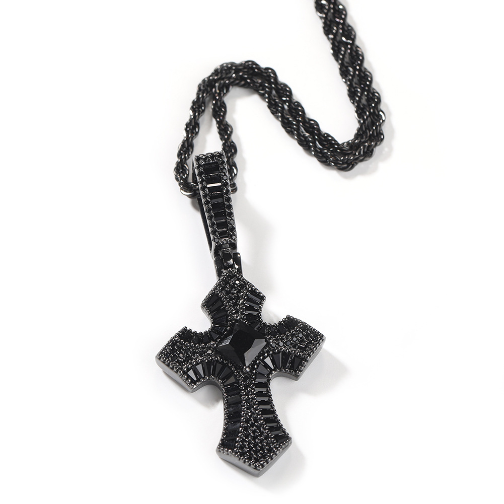 Hip Hop New Style Ladder Square Zircon Cross Pendant Personalized Hip Hop Trend Men's Necklace Cross-Border Sold Jewelry Wholesale