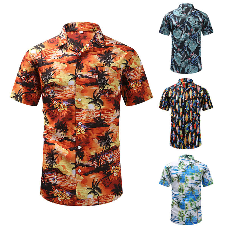 2023 cross-border foreign trade popular summer vintage printed shirt men‘s short-sleeved cuban collar shirt hawaiian style pattern