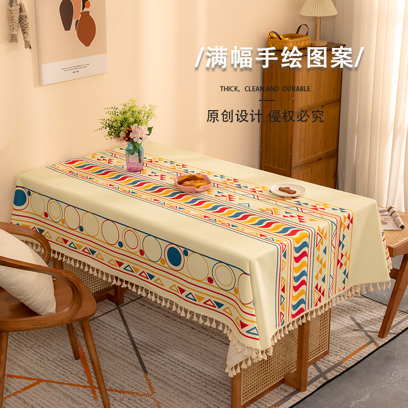 Cotton and Linen Fabrics Tablecloth Waterproof Bohemian Style Household Rectangular Tassel Tablecloth Ins Style Plaid Tablecloth