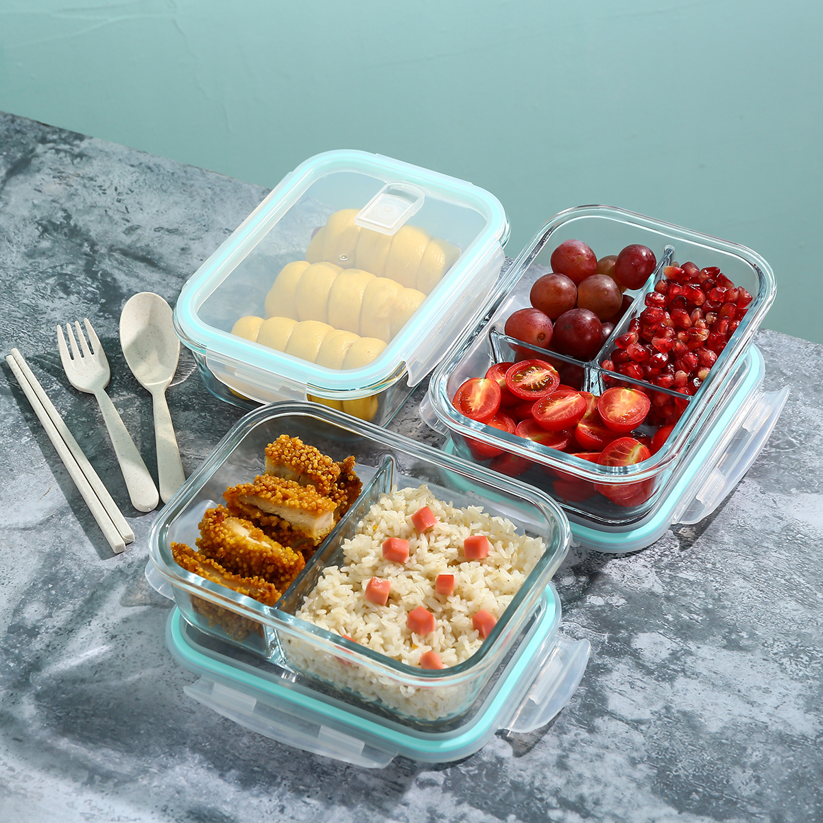 Borosilicate Heat-Resistant Glass Lunch Box with Lid Freshness Bowl Sealed Box Bento Lunch Box Microwave Oven Glass Crisper